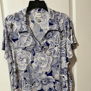 Weekends by Chico Size 3 Casual Blue Hibiscus Flowers Top
